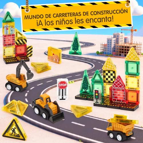 hahaland Construcciones Magnéticos de Viaje para Niños, 42 Piezas Bloques Magneticos Construccion Niños con Caja Portátil, Carreteras y Vehículos, Juego Montessori STEM para Niños 3 4 5 6 Años