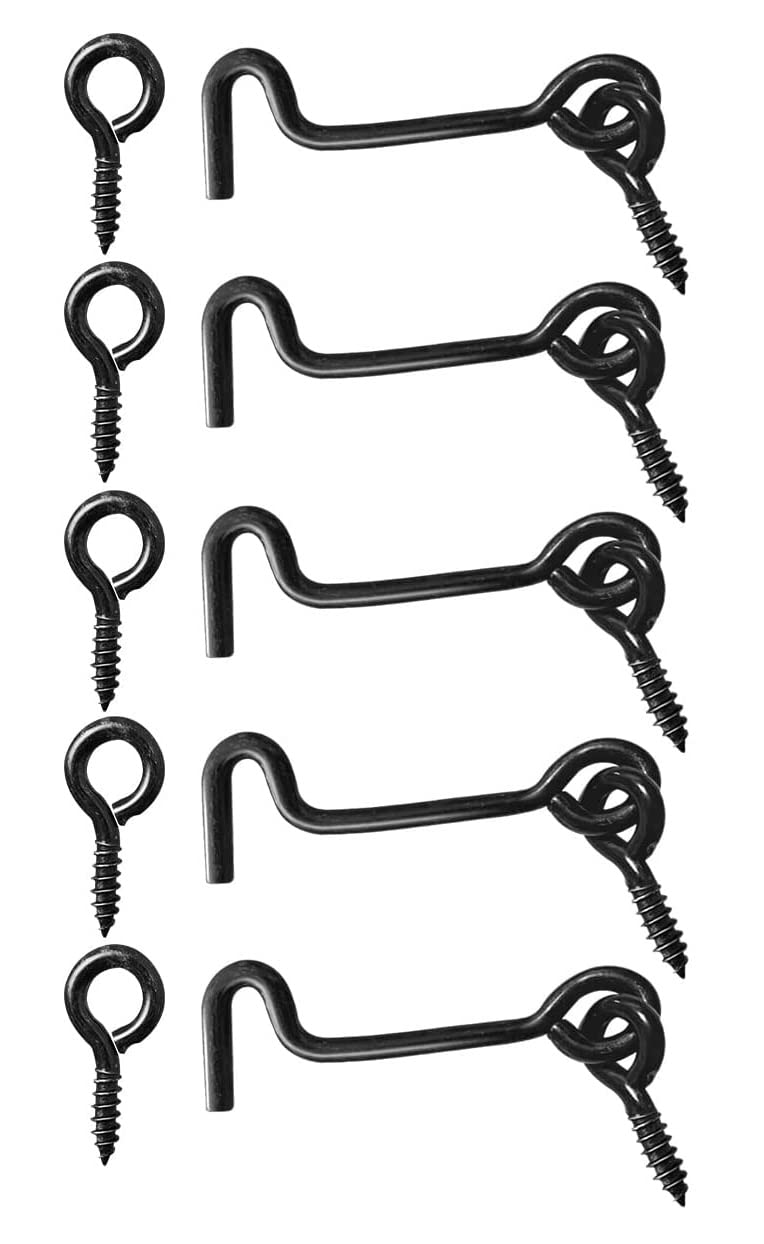 TERF® High Quality Cabin Hook and Eye Black 50mm (2 inch) Gate Door Lock Latch Hook Eye For Window Slide Barn Bathroom Toilet Cabinet Cupboard Shed Gate Door Latch and Multi Purpose Use - Pack of 5