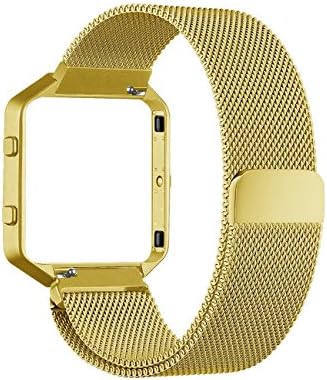 Mornstar Fitbit Blaze Bands with Frame, Milanese Mesh Loop Stainless Steel Magnetic Replacement Band with Metal Housing for Fitbit Blaze Watch Women and Men, Large, Gold