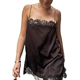Women Satin Lace Trim Cami Top Elegant Square Neck Spaghetti Strap Tank Tops Silky Side Slit Flowy Camisole