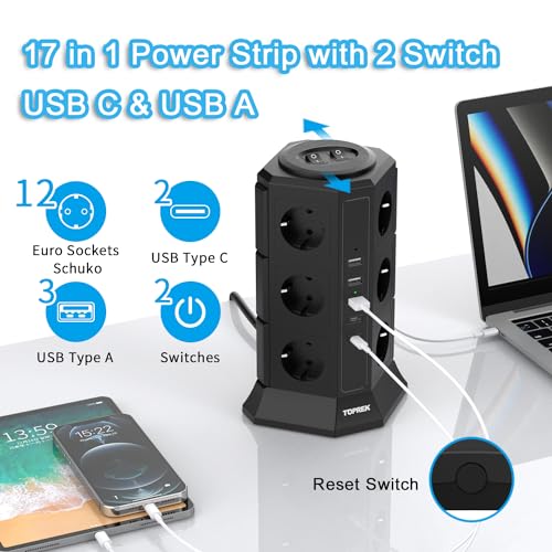 Power Strip Surge Protector 4000W/16A, 12 Outlets with USB, Power Outlet with Switch, Power Strip for Office, Kitchen, 2M Cable