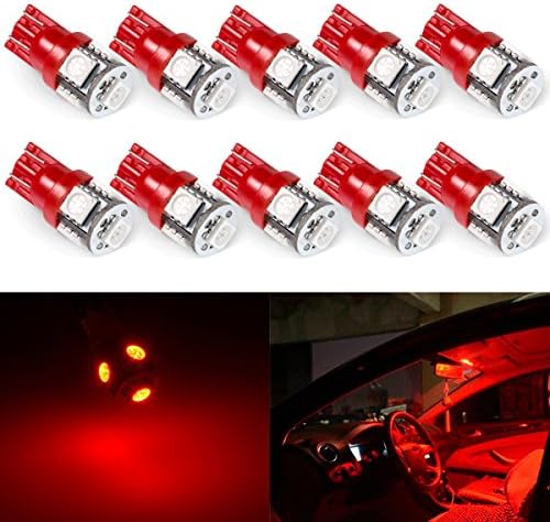194 LED Light bulb, Tinpec 5th Generation, Interior Lights for W5W 194 168 2825 T10 Wedge, Replacement and Reverse T10 Red Bulbs (Pack of 10)- Red