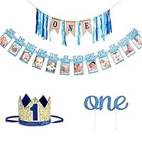 Faylapa Baby Boys 1st Birthday Decoration - First Birthday High Chair Banner,ONE Burlap Ribbon Banner,Baby Photo Banner,No.1 Crown,Glitter One Cake Topper