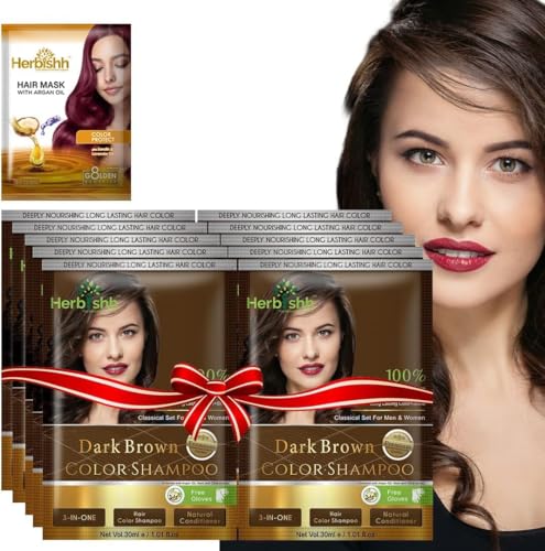 Herbishh Hair Color Shampoo For Gray Hair– Hair Dye Shampoo With Argan Hair Mask–Travel Size-Colors Hair In Minutes–Long Lasting Colour–10Pack+1Pack–Ammonia-Free (Dark Brown)