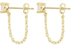 Reffeer 925 Sterling Silver CZ Chain Studs Earrings Dangle for Women Teens CZ Chain Drop Earrings Studs