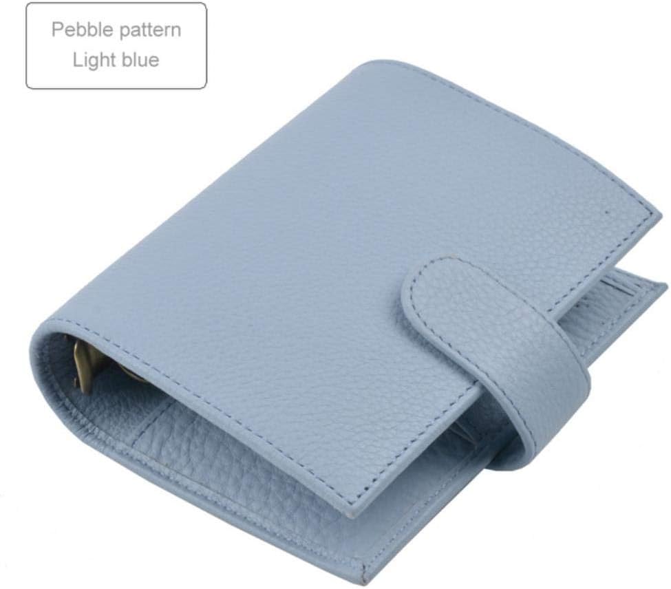 Qingb Genuine Leather Rings Notebook Brass Binder Mini Agenda Organizer Cowhide Diary Journal Sketchbook Planner Big Pocket,Pebble Light Blue,A7 Cover 142x115mm