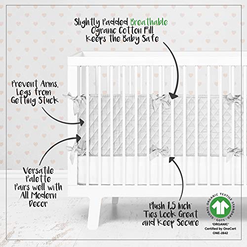 MakeMake Organics Organic Crib Bumper Pad GOTS Certified Organic Cotton Crib Bumper Pads Breathable Cotton Quilted Thinner Safe Hypoallergenic 4 PC Set Standard Crib Liner Boys Girls (160"x10", Grey)