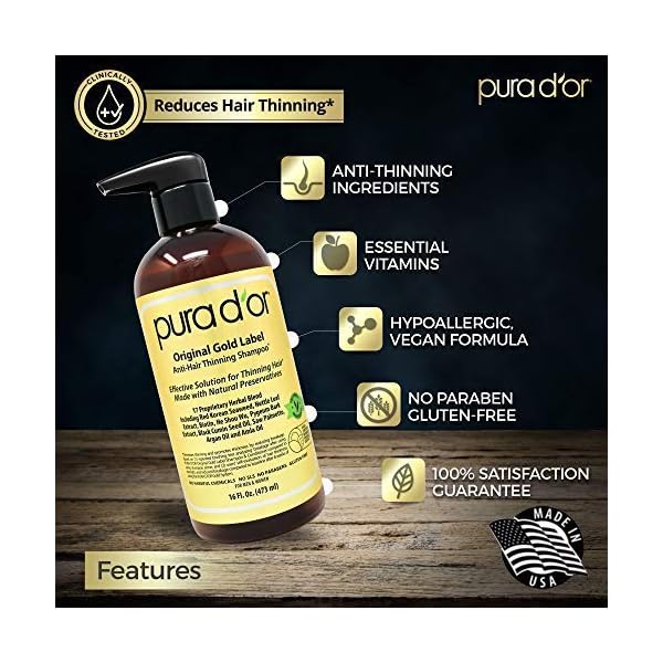 Pura D’Or Premium Organic Argan Oil Shampoo for Hair Loss Prevention (Gold Label), 16 Liquid Ounces Single