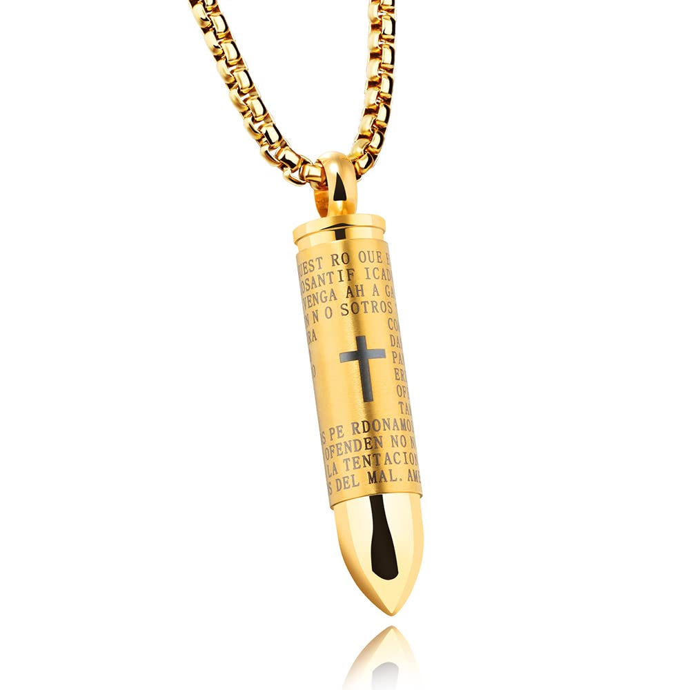 Mens Cross Pendant Necklace for Men Black Gold Urn Lord's Prayer Stainless Steel Ash Memorial Bullet Chain Nice Gifts (Gold)