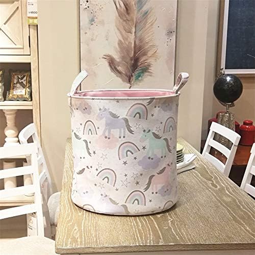 Cotton Linen Storage Bins Desktop Storage Box Home Table Bin Foldable Bucket with Carry Rope (Unicorn +Rainbow)