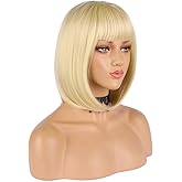 eNilecor Short Light Blonde Bob Wigs 12" Straight with Bangs Synthetic Colorful Cosplay Daily Party Wig for Women Natural As Real Hair+ Free Wig Cap (Light Blonde)