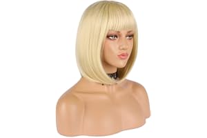 eNilecor Short Light Blonde Bob Wigs 12" Straight with Bangs Synthetic Colorful Cosplay Daily Party Wig for Women Natural As Real Hair+ Free Wig Cap (Light Blonde)