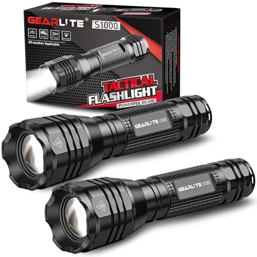 GEARLITE LED Torch Extremely Bright Pack of 2, Aluminium 4000 Lumen LED Torch Battery Operated with 5 Modes, IP65 Waterproof Handheld Lamp Zoomable for Camping, Hiking, Outdoor, Emergency, Gift