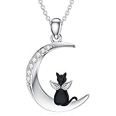 LWXIE Sterling Silver Diamond Cat Angel Moon Pendant Necklace for Women, 0.089 cttw Lab Grown Diamonds, 18+2 Inch Chain, Cat Lover Gift
