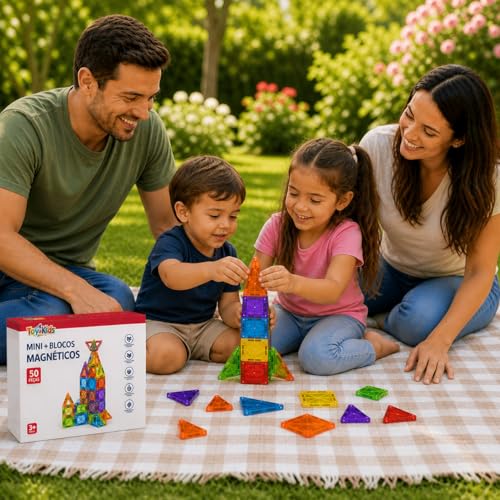 Blocos Magnéticos Infantil 50 Peças Coloridas Translúcidas de Montar, Brinquedo Didático Construção 2D 3D Educação STEM, Desenvolvimento Cognitivo, Criatividade, Coordenação Motora, Raciocínio Lógico