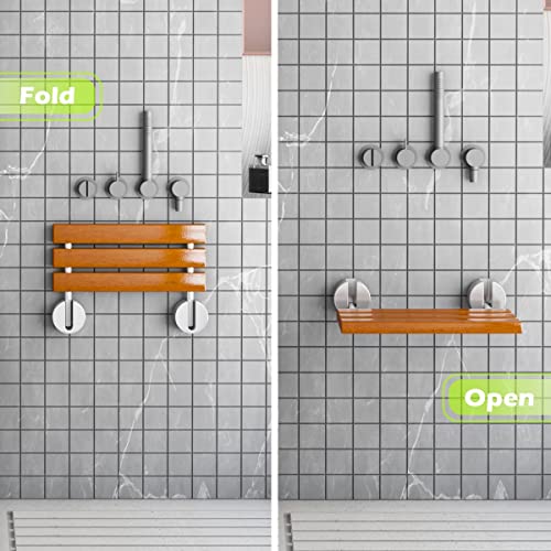 OasisSpace 20” Teak Folding Shower Seat Bench, Medical Wall Mounted