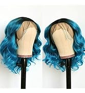 Maycaur Blue Lace Front Wigs Bob Short Wavy Hair Black Blue Body Wave Synthetic Lace Wigs for Bla...