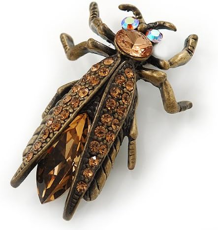 Vintage Inspired Ligth Amber Coloured Diamante 'Fly' Brooch In Bronze Tone - 35mm Length, brown, copper, bronze - Image 3