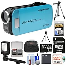 Bell & Howell Slice2 DV7HD 1080p HD Slim Video Camera Camcorder (Blue) with 32GB Card + Battery + Case + Tripods + LED Light + Kit