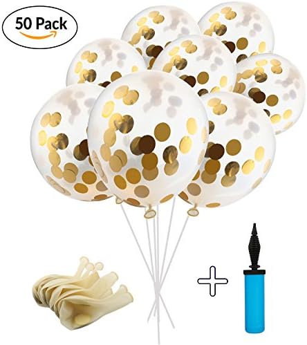 Gold Confetti Balloons (50 Pcs) FREE 1 Hand Air Pumps Party Balloons With Golden Paper confetti Dots (Confetti Balloons Has Been place Into The Balloons) for Wedding or Party Decorations