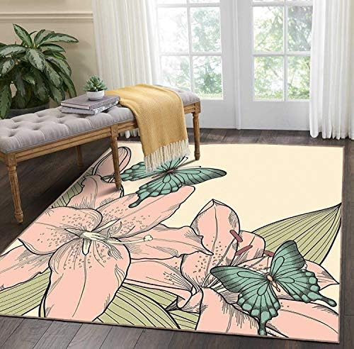 Rug,Floor Mat Rug,Spring,Area Rug,Swallowtail Butterflies on Lilies and Leaves Hand Drawn Colorful Vintage Nature,Home mat,6'x8'Multicolor,Rubber Non Slip,Indoor/Front Door/Kitchen and Living Room/Bed