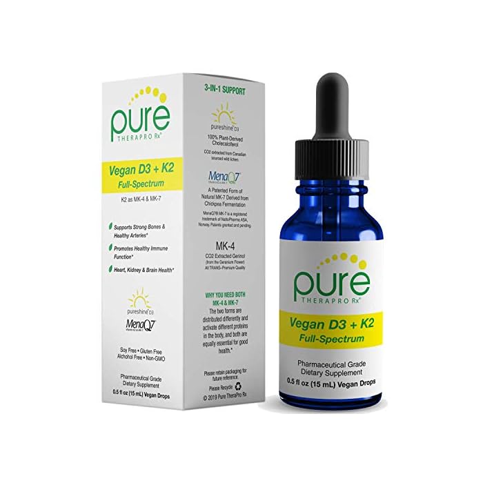 Pure Therapro Rx Vegan D3 + K2 Organic Full Spectrum Liquid for Maximum Absorption, Vitamin D3 and Vitamin K2…