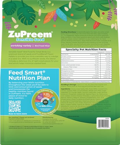 ZUPREEM SENSIBLE SEED BIRD FOOD, PARAKEET, BUDGIE, PARROTLET, DOVE, SEED AND PELLET BLEND FOR SMALL BIRDS, FOOD MIXER TOPPER, ENRICHING VARIETY, MADE IN USA, PARAKEET SEEDS (S, 2 LBS)