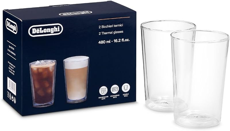 De'longhi dlsc319 - conjunto de copo térmico de vidro de parede dupla, vidro borossilicato durável, fácil de segurar, sem condensação, lavável na máquina de lavar louça, capacidade 490 ml