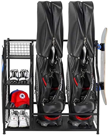 PLKOW Golf Bag Storage Garage Organizer, Fit for 2 Golf Bags and Golf Accessories, Extra Large Size Golf Bag Storage Stand and Golf Equipment Rack for Garage,Shed, Basement PLKOW Golf Bag Storage Garage Organizer, Fit for 2 Golf Bags and Golf Accessories, Extra Large Size Golf Bag Storage Stand and Golf Equipment Rack for Garage,Shed, Basement