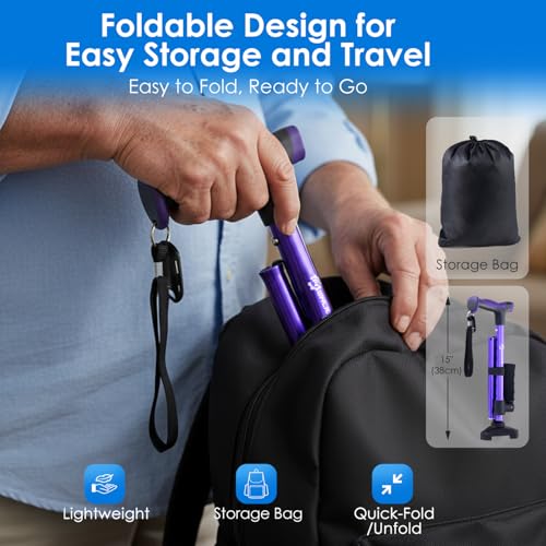 Adjustable Walking Cane for Women & Men for Stability, Self Standing Cane with Second Handle for Standing, Foldable Collapsible Folding Cane, Walking Sticks for Seniors & Adult