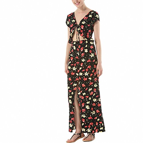 Hollow Out Ruffle Beach Dress Women Sexy V Neck Boho Summer Dress Floral Print Chiffon Split Long Maxi Dress Black L