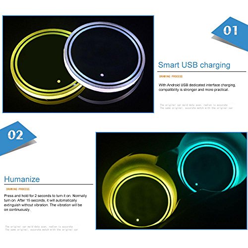 niceeshop LED Car Cup Holder Lights, (TM) 2PCS Waterproof Bottle Drink Coaster Mat Pad Built-in Light & Vibration Sensor USB Rechargeable Light for Car/SUV/Truck/Boat, 8 Colors