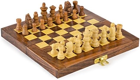 Kimaro Wooden Travel Chess Set - 6 in x 6 in - Folding Chess Board With Wood Pieces in Case - Handmade