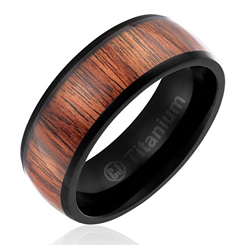 8MM Titanium Promise Engagement Rings for Men | Wedding Bands for Him | Black Plated with Dark Wood Inlay [Size 10.5]