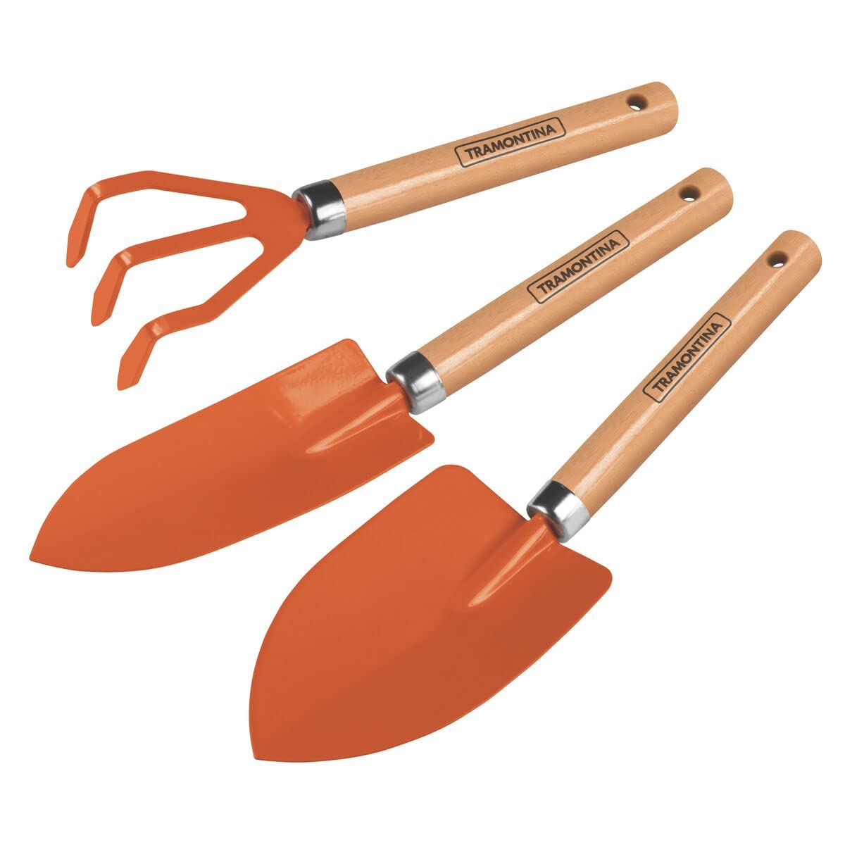 Tramontina 3 Piece Garden Tool Set, Hand Trowel, Transplanting Trowel & Cultivator, Carbon Steel Heads with Wooden Handles, Lightweight Gardening Tools for Planting, Weeding & Pots (Metal-Wood)