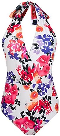 Kxing One Piece Swimsuit Women Vintage Floral Printed Halter High Waisted Bathing Suits Modest Swimwear