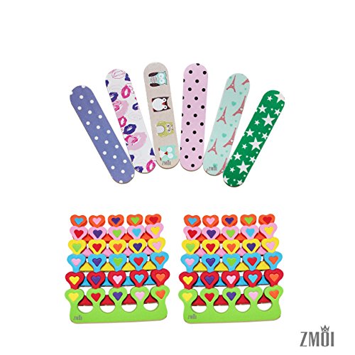 ZMOI 6 Pieces Colorful Girly Mini Emery Nail Files + 6 Pairs Heart Design Toe Separators Manicure/ Pedicure Kit