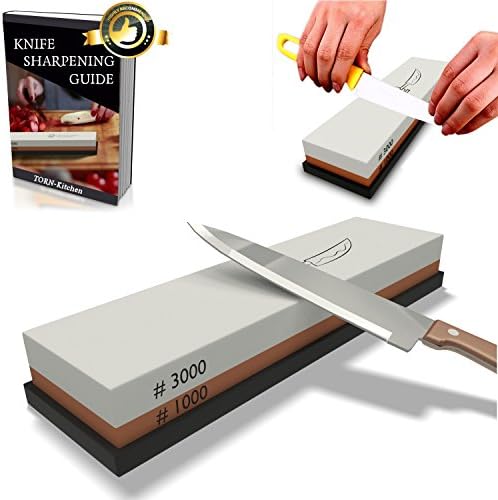TORN Sharpening Corundum Cutlery WHETSTONE- Knives Sharpener Stone for Professional Kitchen 1000/3000 DoubleSided Combination Stone Set with Rubber Holder, Organizer For All Knives-Chef &amp; Kitchen