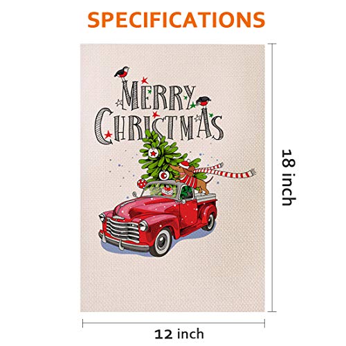 Merry Christmas Garden Flag Red Truck Vintage Tree - Home Xmas Quote House Yard Flag Pickup - Double Sided Burlap Rustic Winter Garden Yard Decorations, Vintage Seasonal Outdoor Flag 12 x 18 Holiday - Thumbnail 3