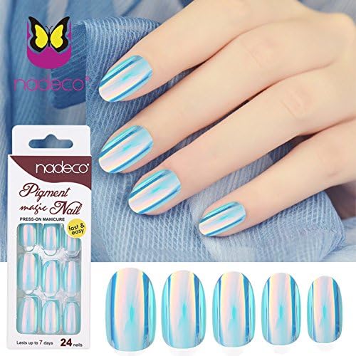 Urberry Set of 24 False Nails Mirror Flash Bright Color on Nails Short Full Cover Fake Nail Tips for women and girls (Blue)