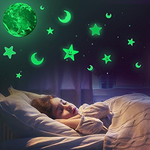 Glow In the Dark Stars &amp; Moon &amp; Earth Wall Stickers – Baby Room Decor Deca Stickers for Simulated Moon Effect at Night – 30 cm Earth and Removable Moon Stars – Gift for Kids Boys Girls