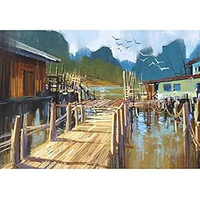 Landscape Painting of Fishing Village in Summer - Removable Wall Mural | Self-Adhesive Large Wallpaper - 66x96 inches