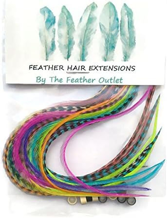 20 Hair Feathers and Beads and loop tool, 100% Real Rooster Feather Hair Extensions, Long Grizzly, Red, Orange, Coral, Yellow, Neon Green, CUSTOM KIT