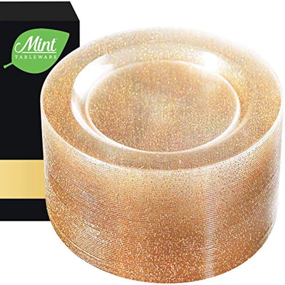 50 Plastic Dessert Party Plates Clear Gold Glitter 7.5 Inch Appetizer
