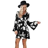 YUTRENDS Women's V-neck Long Flare Sleeve Pleated Floral Print Dress