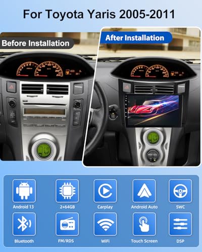 NHOPEEW 2G+64G Android Car Radio for Toyota Yaris 2005-2011 – Wireless Carplay and Android Auto – 9 Inch Stereo with WiFi GPS FM RDS + Rear Camera & Mic