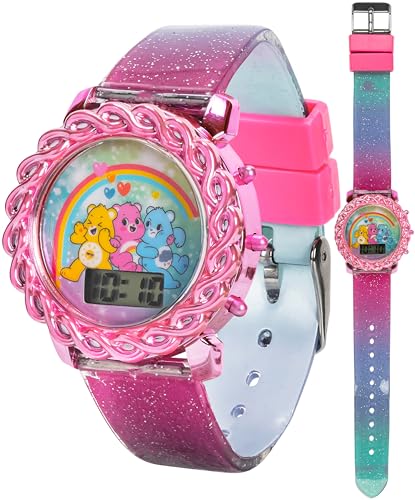 Care Bears Kids LCD Watch with Glitter Gradient Strap, Flashing Iridescent Bezel, Fun Digital Display, Ideal for Learning Time, Adjustable Strap, Pink and Green Design