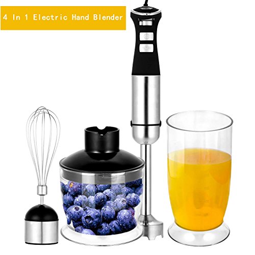 Click Here to See More Images 4 In 1 Electric Hand Blender, 5 Speed Stainless Steel Immersion Blender with Chopper, Whisk Attachment for Smoothies Baby Food Sauces Soups
