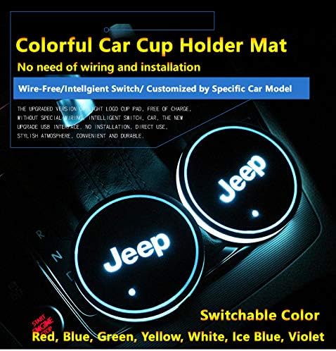 2pcs Colorful Car LED Coaster Lighting USB Charging Light Accessories Interior Decoration Lights Mouldings Trim Lamp for 2018 Jeep Wrangler Unlimited Grand Cherokee Compass Patriot Renegade Commander