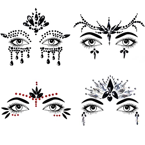 Bowitzki Halloween Face Jewels Festival Design Women Mermaid Face Gems Rhinestone Crystals Stickers Eyes Body Temporary Tattoos (4 Set B)